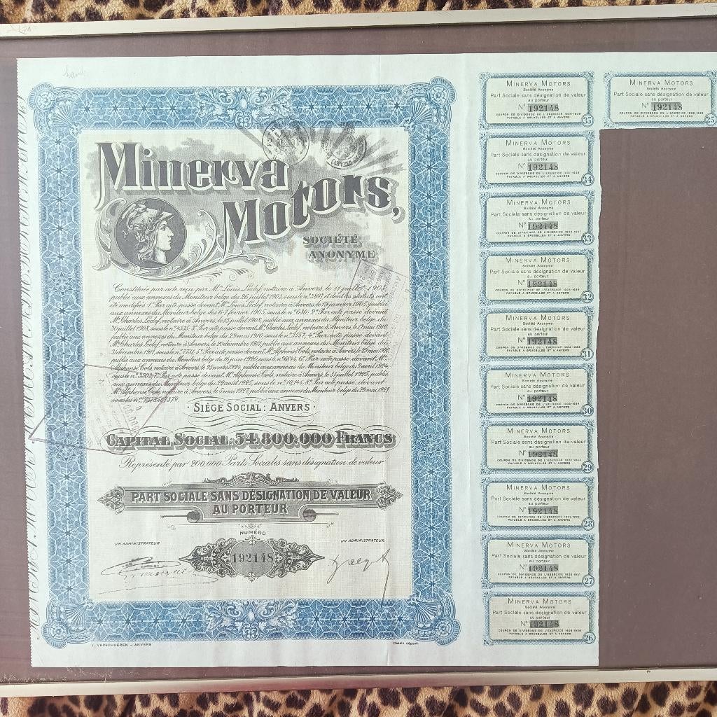 Action unique de MINERVA MOTORS ANTWERP avec 11 coupons, Enlèvement, 1920 à 1950, Action