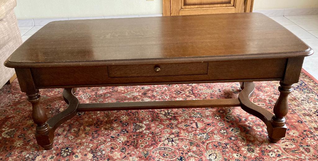 Bruine houten salontafel met lade, Ophalen, Gebruikt, 100 tot 150 cm, Rustiek