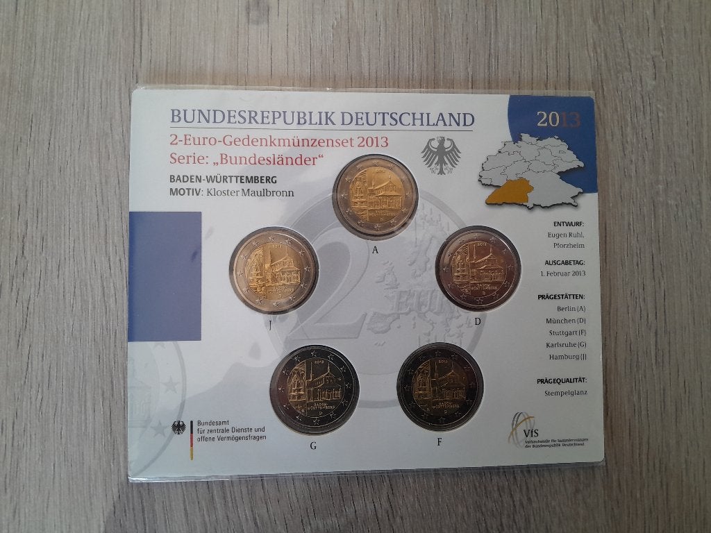 2 euro Duitsland 2013 Baden-Wurttemberg set 5 letters, Timbres & Monnaies, Enlèvement ou Envoi, Allemagne, 2 euros, Série