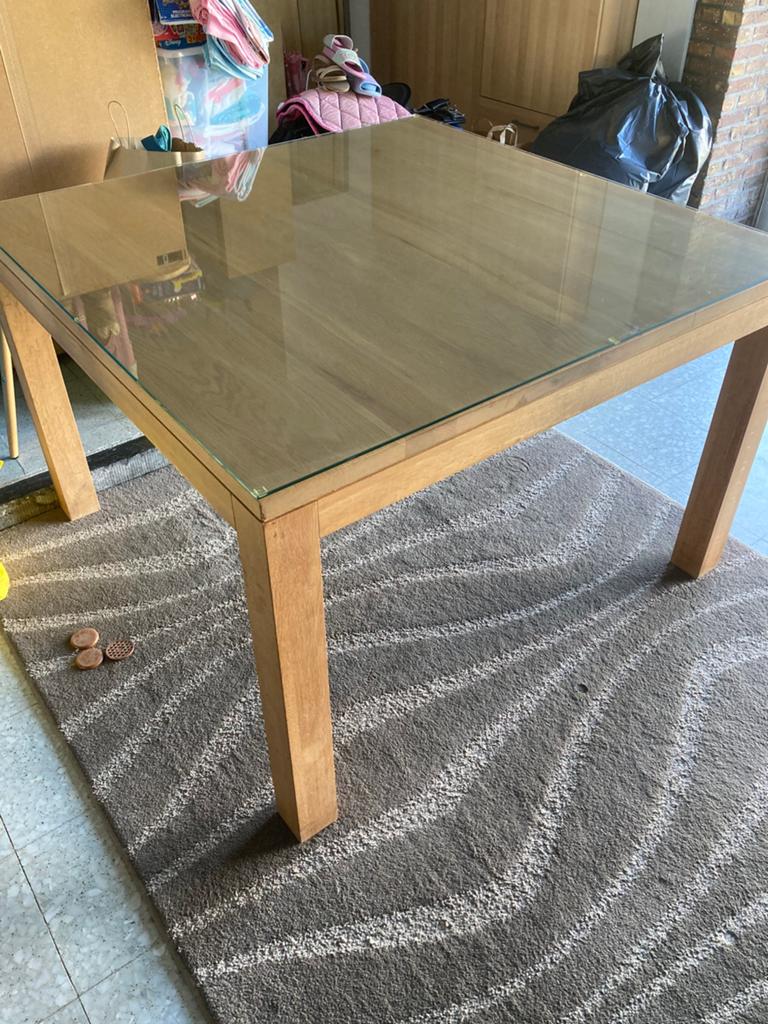 Vierkante Teak tafel met glazen blad, Ophalen