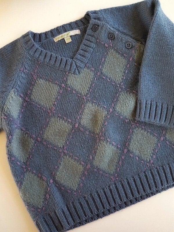 PREMAMAN - Pull bleu/gris à losanges - T.18 mois, Kinderen en Baby's, Gebruikt, Ophalen of Verzenden, Premaman, Truitje of Vestje