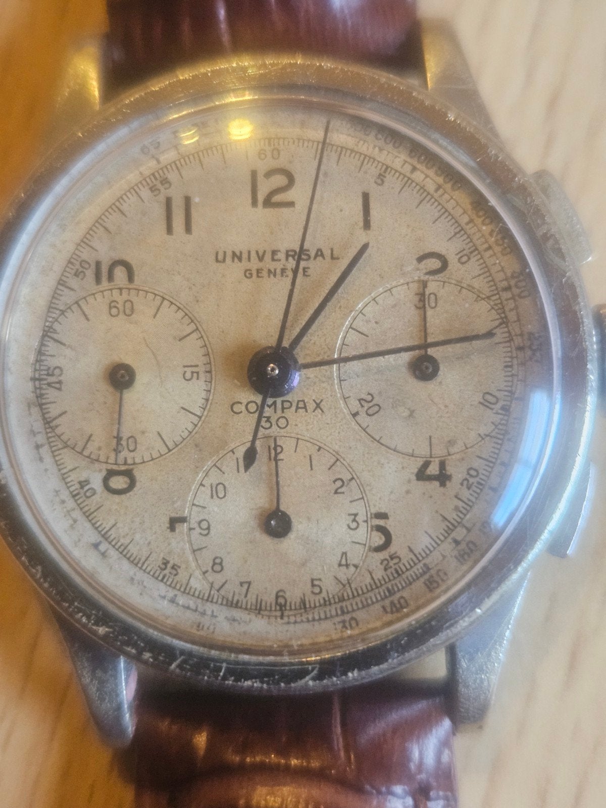 Universal Genève Compax 30 chronograafhorloge jaar 40-50, Ophalen of Verzenden, Staal, Staal