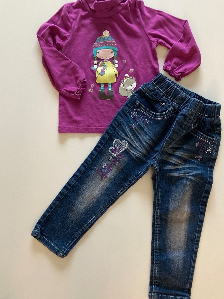 Meisjessetje: Paarse longsleeve  & Spijkerbroek -86/92, Kinderen en Baby's, Meisje, Ophalen of Verzenden, Zo goed als nieuw, Setje