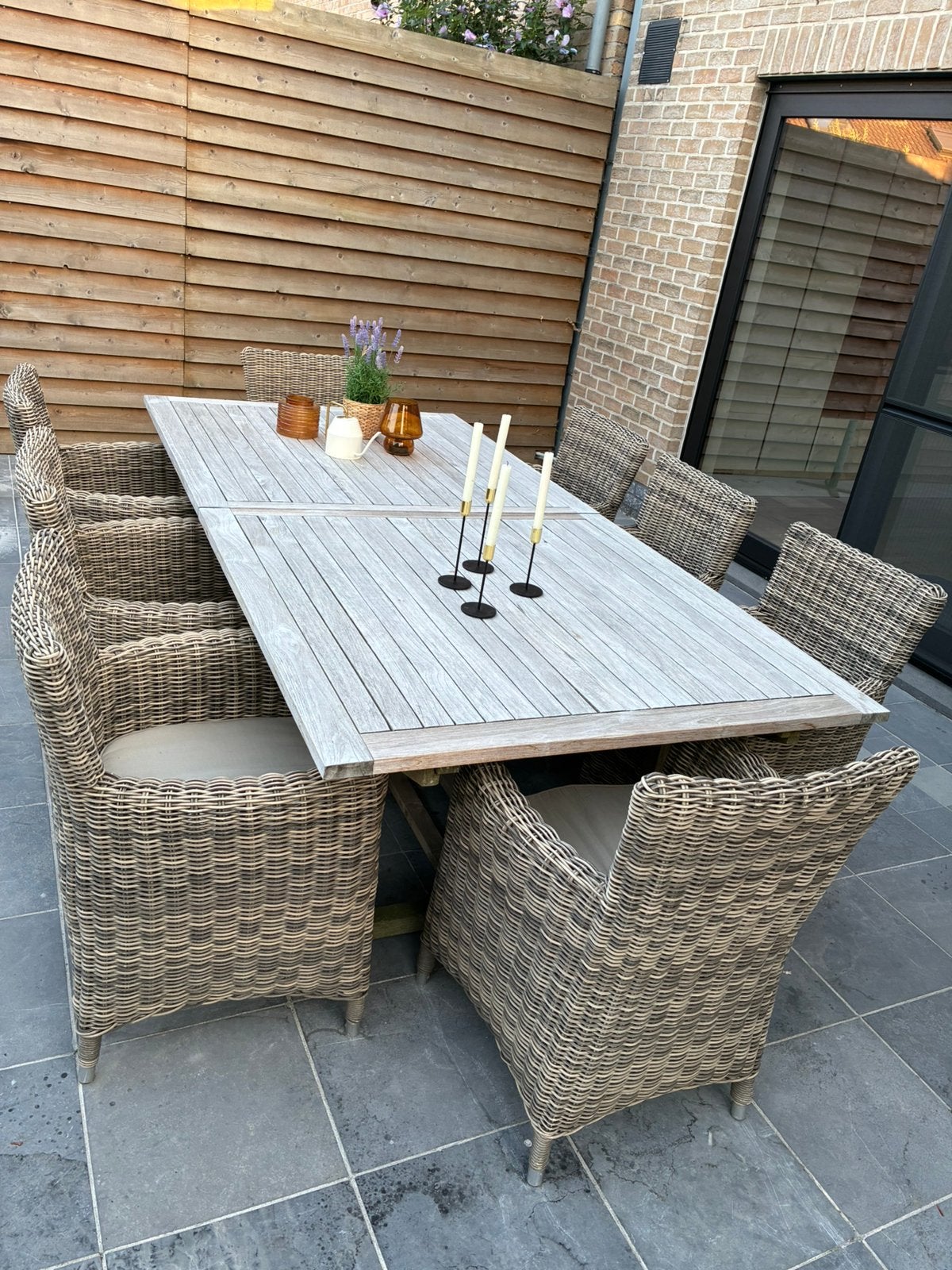 Teak tuintafel uitschuifbaar 240-300 cm + 8  tuinstoelen, Rotin, Table à dinner, Salons de jardin, 8 places