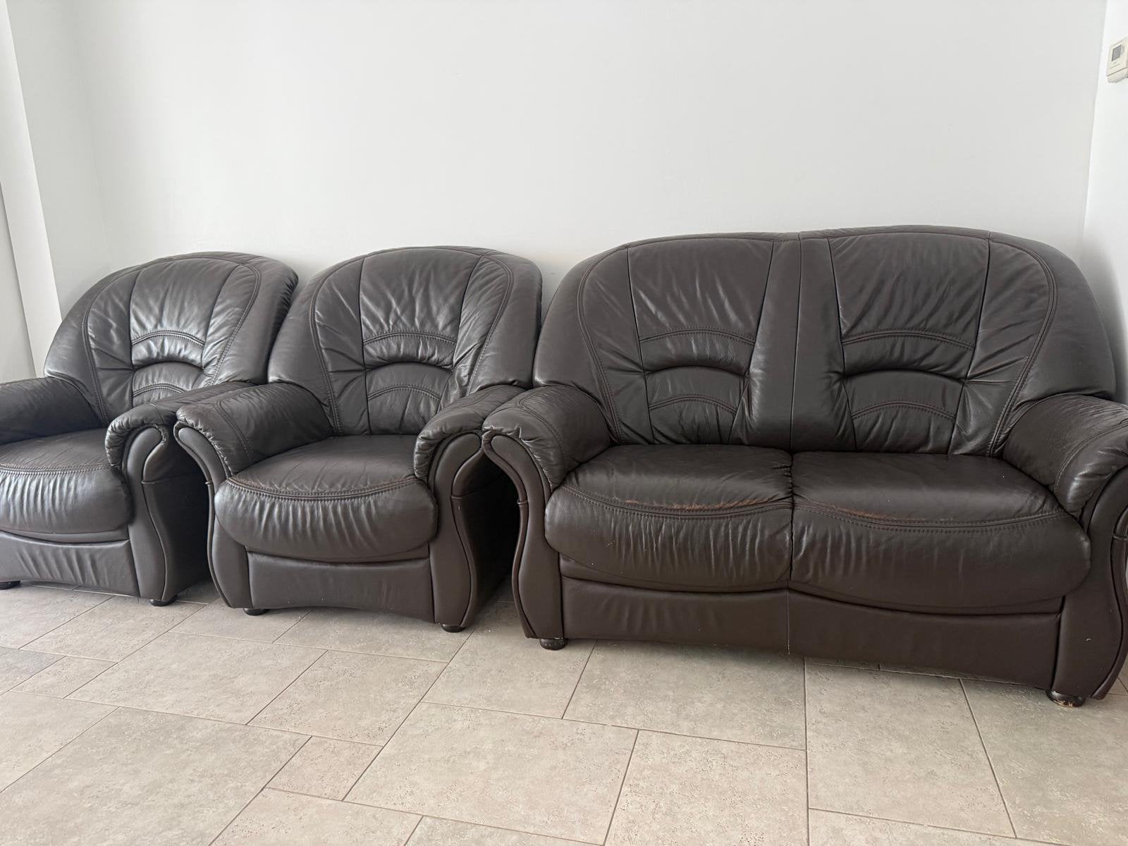 Lederen salon – 3+1+1 zit – donkerbruin, Huis en Inrichting, Ophalen, Zo goed als nieuw