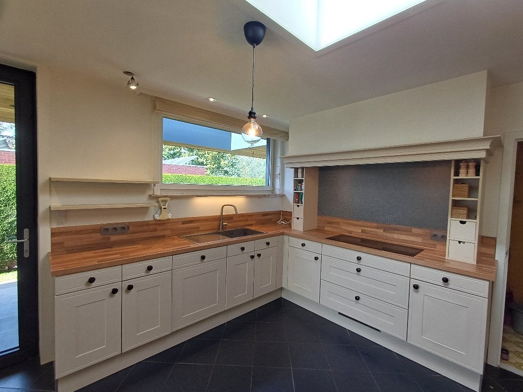 Keuken - hoekkeuken + kastenwand, Bois, Enlèvement, Utilisé, Crème