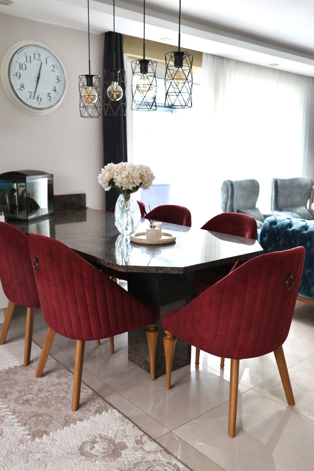 Set van 6 Bordeauxrode Eetkamerstoelen, Ophalen, Overige kleuren, Zo goed als nieuw, Stof