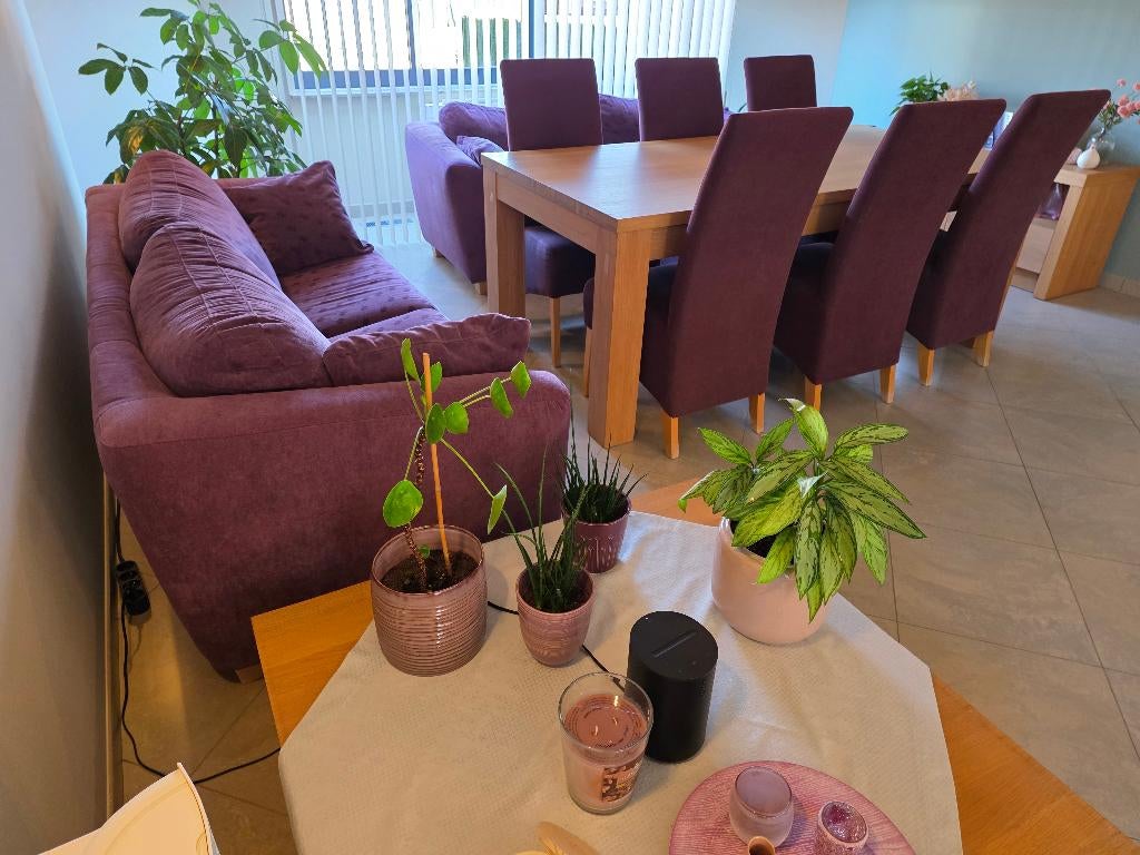 Houten eettafel met 6 stoelen én 2 zetels met salontafel, Huis en Inrichting, Ophalen of Verzenden
