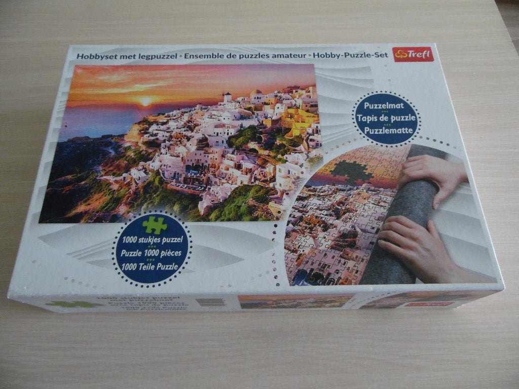 SANTORINI SUNSET PUZZEL 1000 STUKJES + TAPIJT, Ophalen of Verzenden, 500 t/m 1500 stukjes, Zo goed als nieuw, Legpuzzel