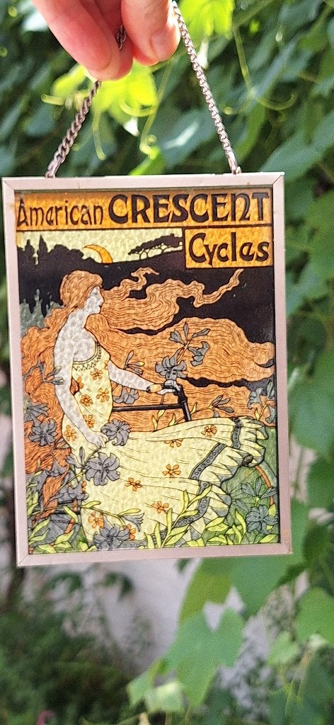 2 fenêtres en verre Art nouveau American Crescent Cycles, Antiquités & Art, Curiosités & Brocante, Enlèvement ou Envoi