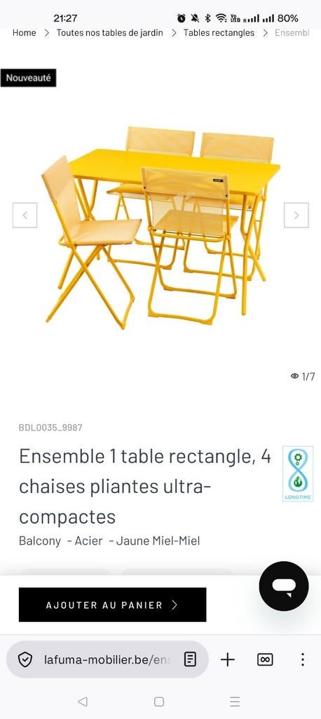 Lafuma, Ensemble 1 table rectangulaire, 4 chaises pliantes, Neuf, Chaise, Autres matériaux, Sets de jardin
