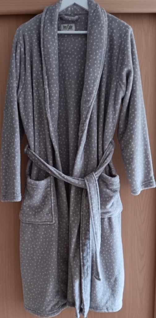 Badjas fleece grijs/bruin  Maat L, Kleding | Dames, Ophalen, Zo goed als nieuw, Maat 42/44 (L)