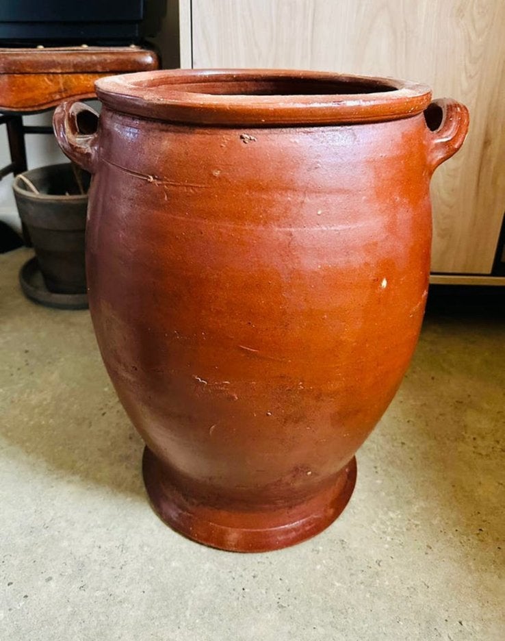 Grote antieke geglazuurde terracotta pot - „GD 1/2”, Ophalen, Zo goed als nieuw, Binnen
