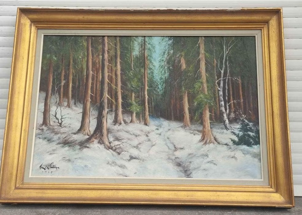 Huile sur toile sous bois enneigé signe John c l philips, Antiquités & Art, Enlèvement, Toile