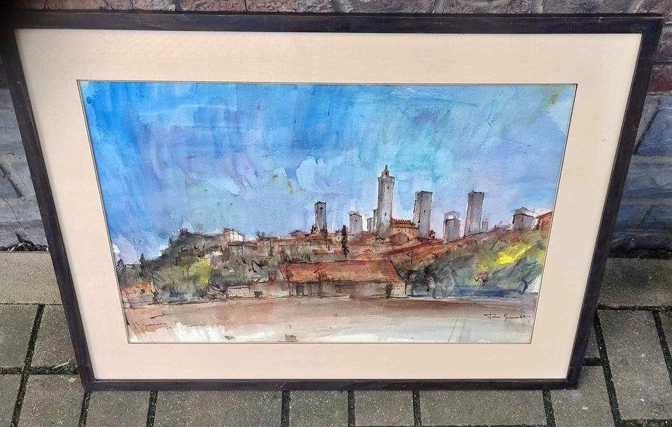 Aquarelle signe José van gucht, Antiquités & Art, Enlèvement ou Envoi, Aquarelle, Toile