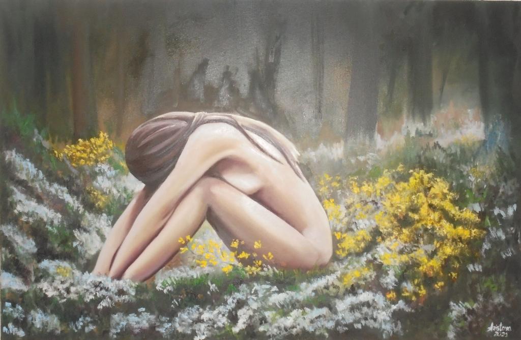 Alone in forest (groot olieschilderij), Ophalen of Verzenden