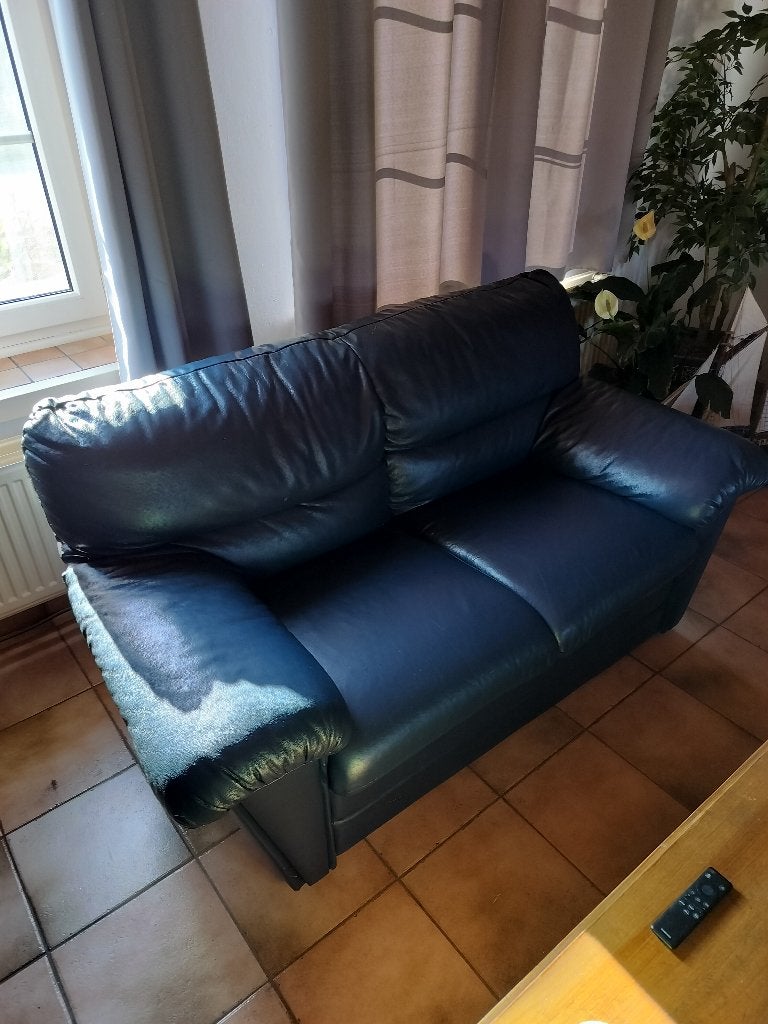 lederen 2 zit in blauw, Huis en Inrichting, Zetels | Complete zithoeken, Ophalen, Zo goed als nieuw, Leer