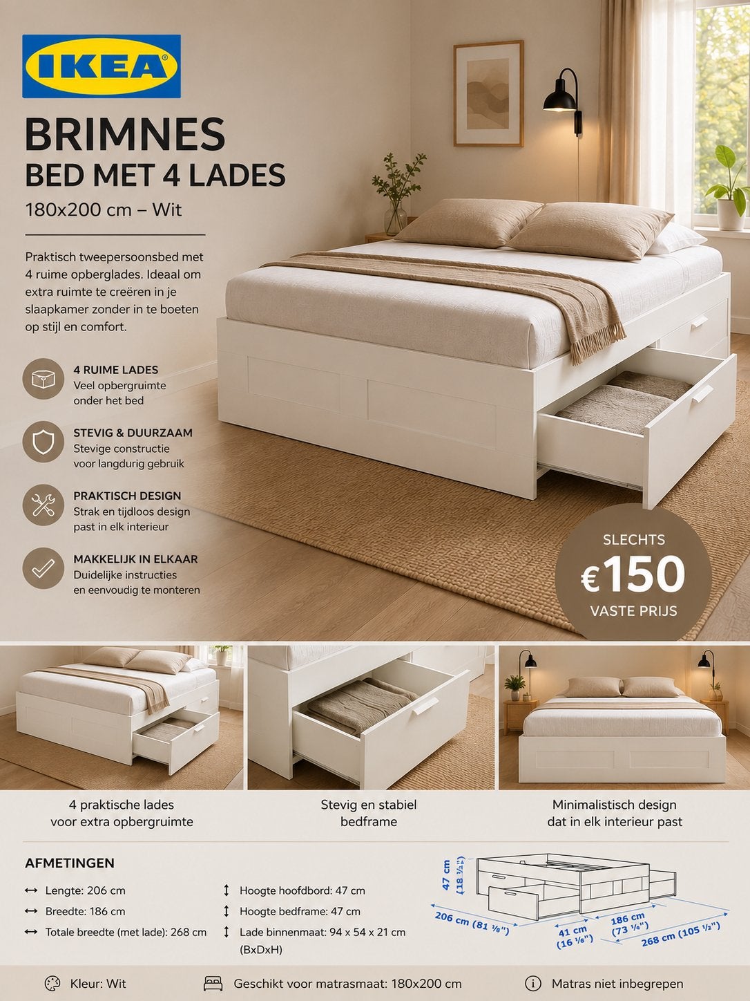IKEA BRIMNES bed 180x200 met 4 opberglades - Wit, Huis en Inrichting, Slaapkamer | Bedden, Ophalen, Zo goed als nieuw, Wit, 200 cm