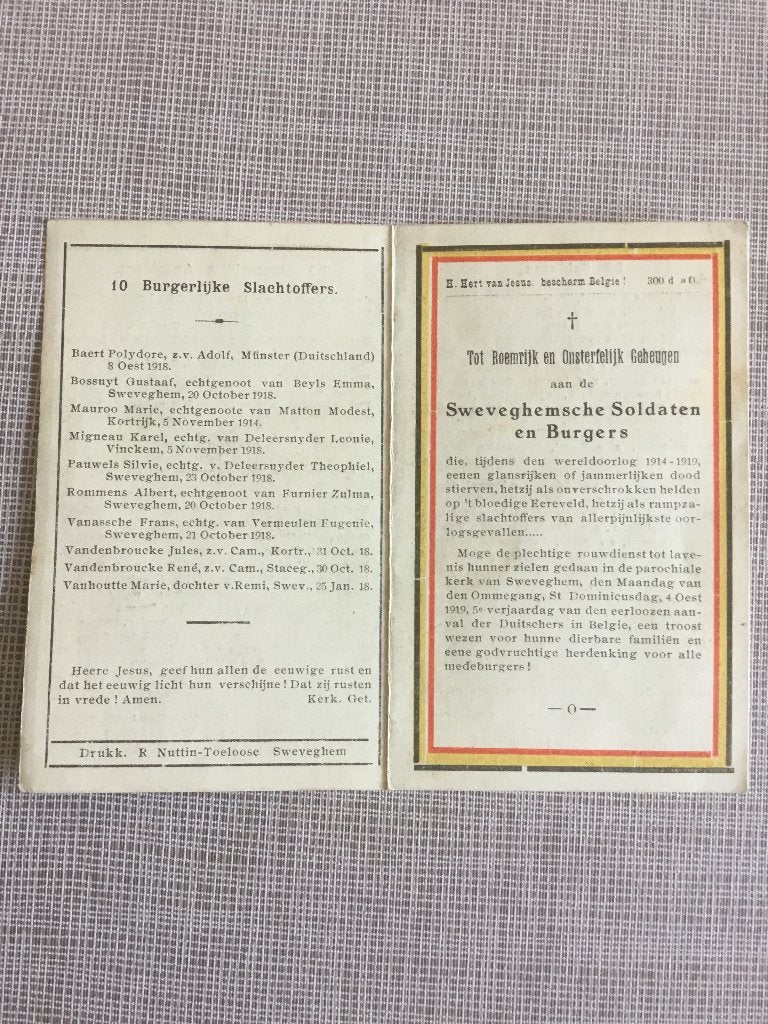 29 soldaten Zwevegem gesneuveld 1914-1918 WOI, Verzamelen, Verzenden, Bidprentje