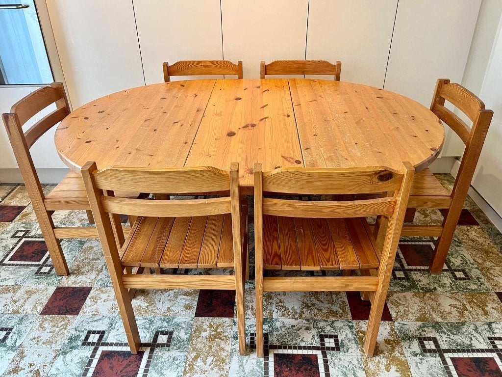 Grenen tafel met 6 stoelen, 150 à 200 cm, Cinq personnes ou plus, 100 à 150 cm, Enlèvement