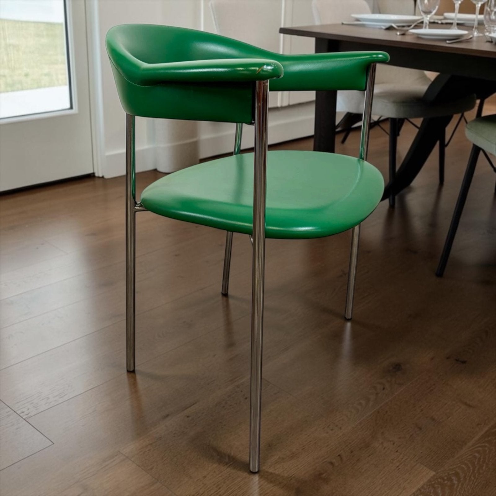 Vintage chromen stoel met groene skai lederen bekleding, Verzenden