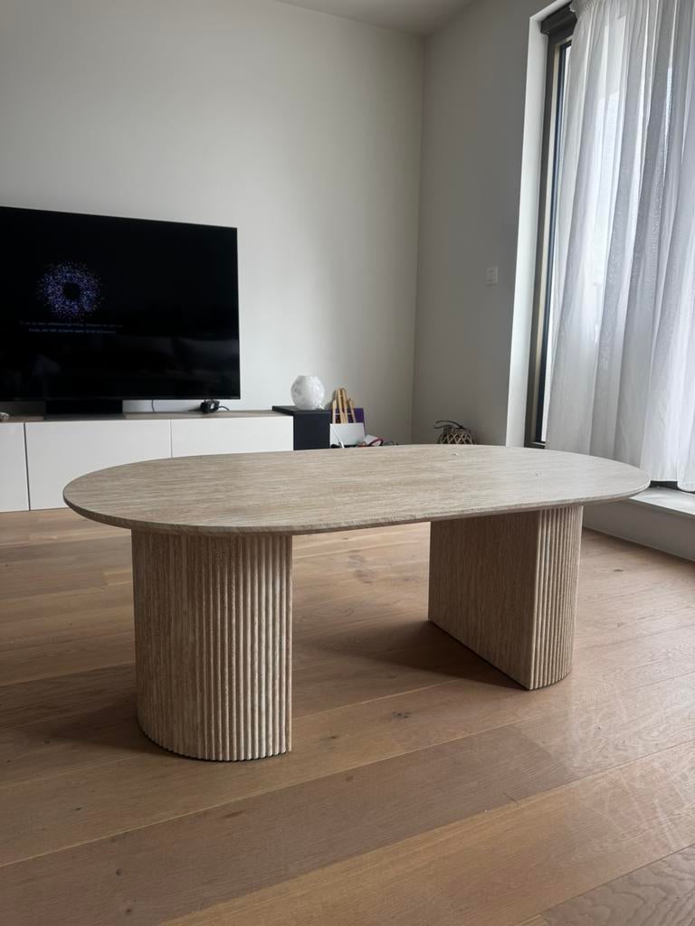 Stijlvolle travertin salontafel – Japandi design, Ophalen, Zo goed als nieuw