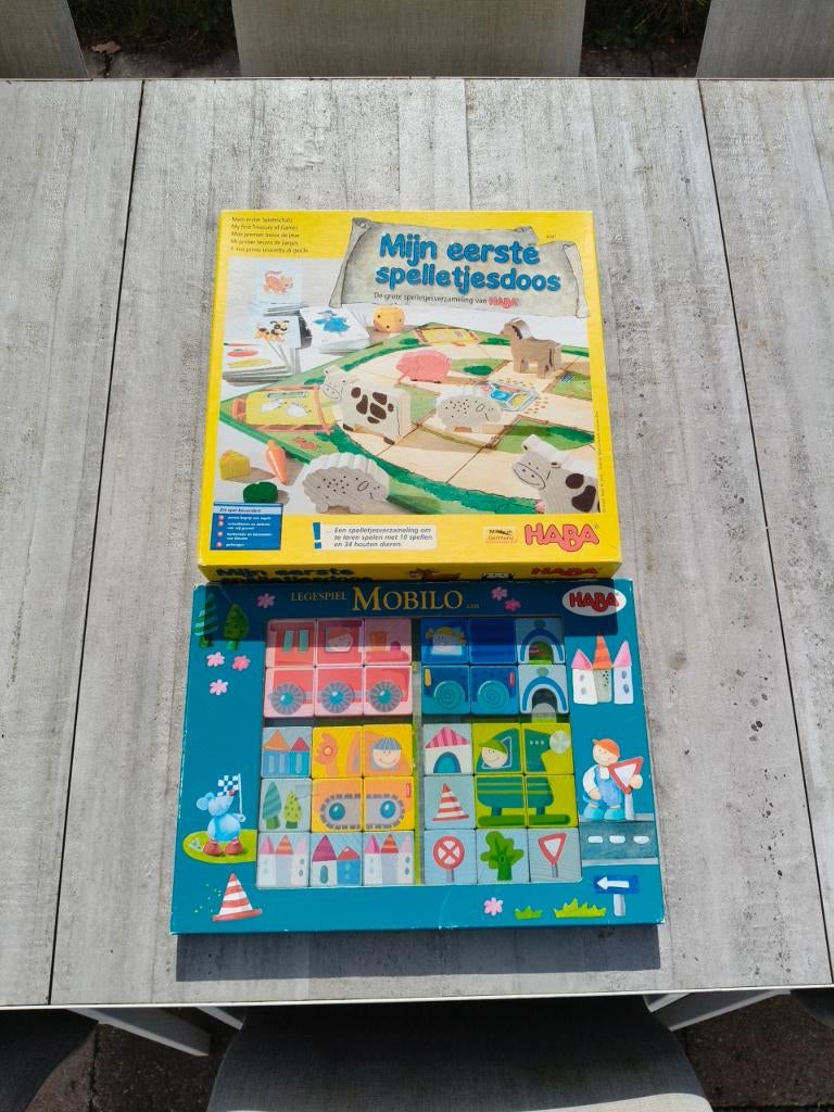 Haba 4687 Mijn eerste spelletjesdoos + Haba 2208 Mobilo, Vijf spelers of meer, Ophalen of Verzenden, Gebruikt, Haba