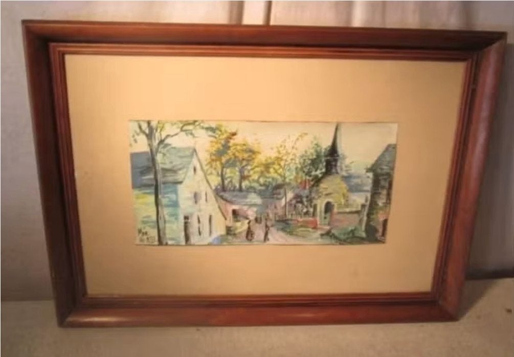 Belle aquarelle « Les gens du village » - Maie Hiseite, Aquarelle, Paysage urbain / rural, Papier, Peint à la main