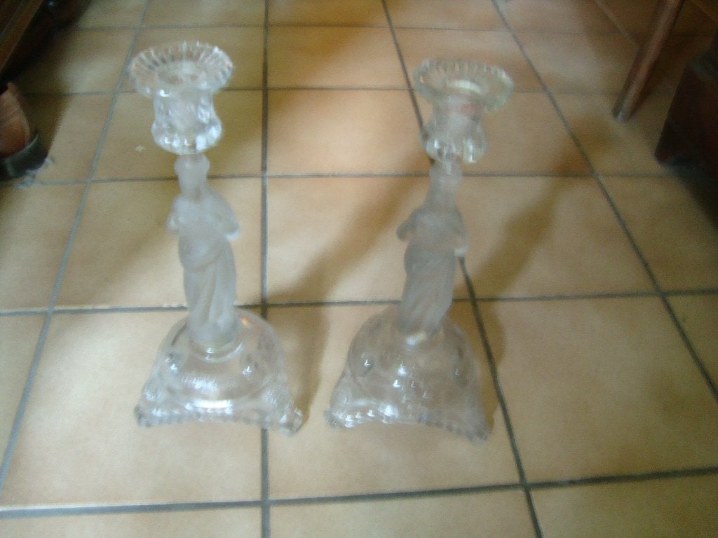 2 Glazen kandelaars met het Heilig Hart van Jezus., Ophalen, Glas