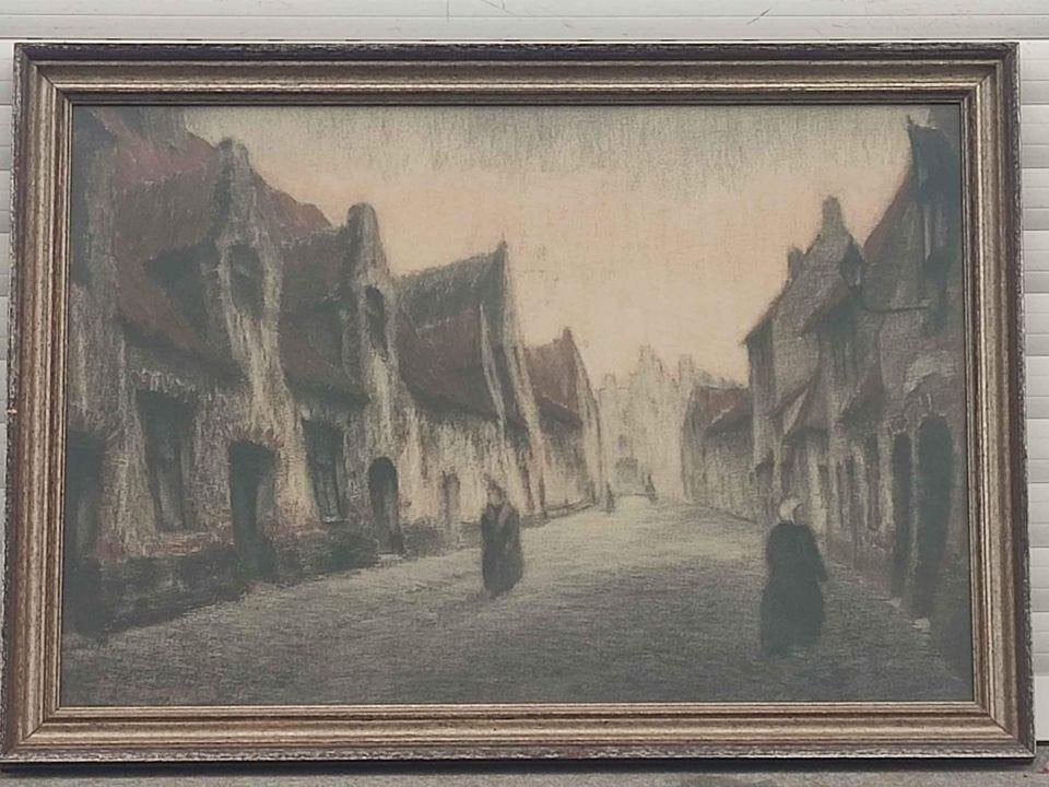 Pastel ruelle signe georges lammers, Antiquités & Art, Enlèvement ou Envoi, Pastel