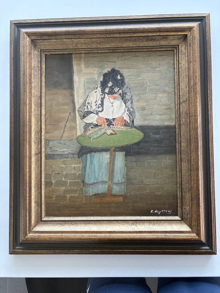 Gesigneerd vintage olieverfschilderij – vrouw aan het werk, Portrait ou Personnes, Signé, Peinture à l'huile, Enlèvement