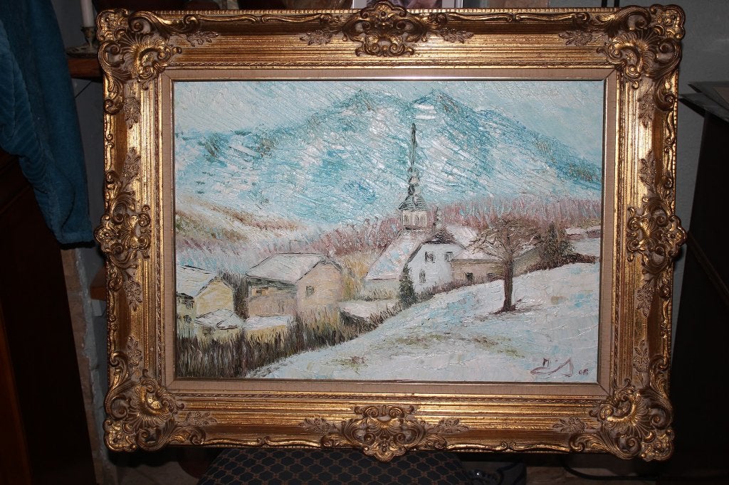 olieverf op doek sneeuwlandschap 50/70cm ingelijst, Verzenden, Gebruikt, Doek