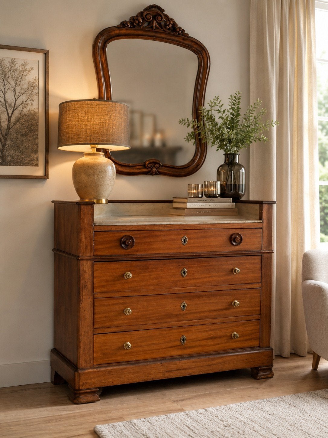 Antieke mahonie commode met marmeren blad & originele spiege, Antiek en Kunst, Ophalen