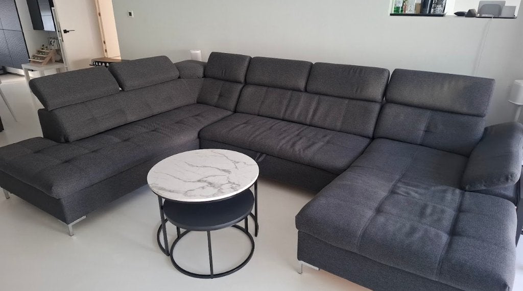 Donkergrijs gespikkelde hoeksalon, Huis en Inrichting, Ophalen, Gebruikt, Vierpersoons of meer, Stof
