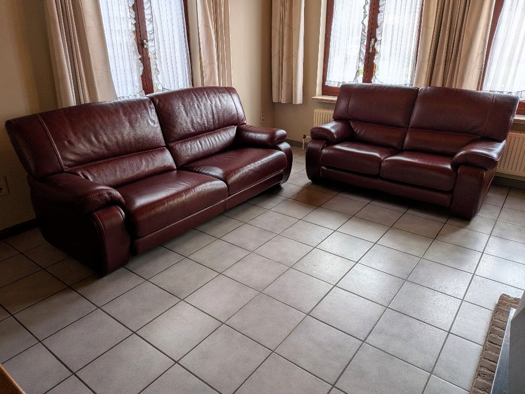 bordeauxrood lederen salon (3-zit + 2-zit combinatie), Antiek en Kunst, Antiek | Meubels | Stoelen en Sofa's, Ophalen