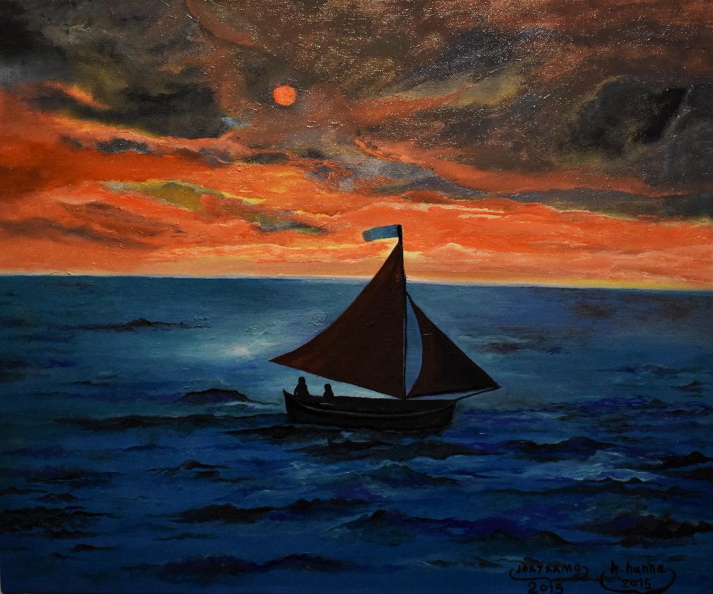 Schilderij bij zonsondergang, door Joky Kamo, Antiek en Kunst, Ophalen, Olieverf, Landschap, Doek