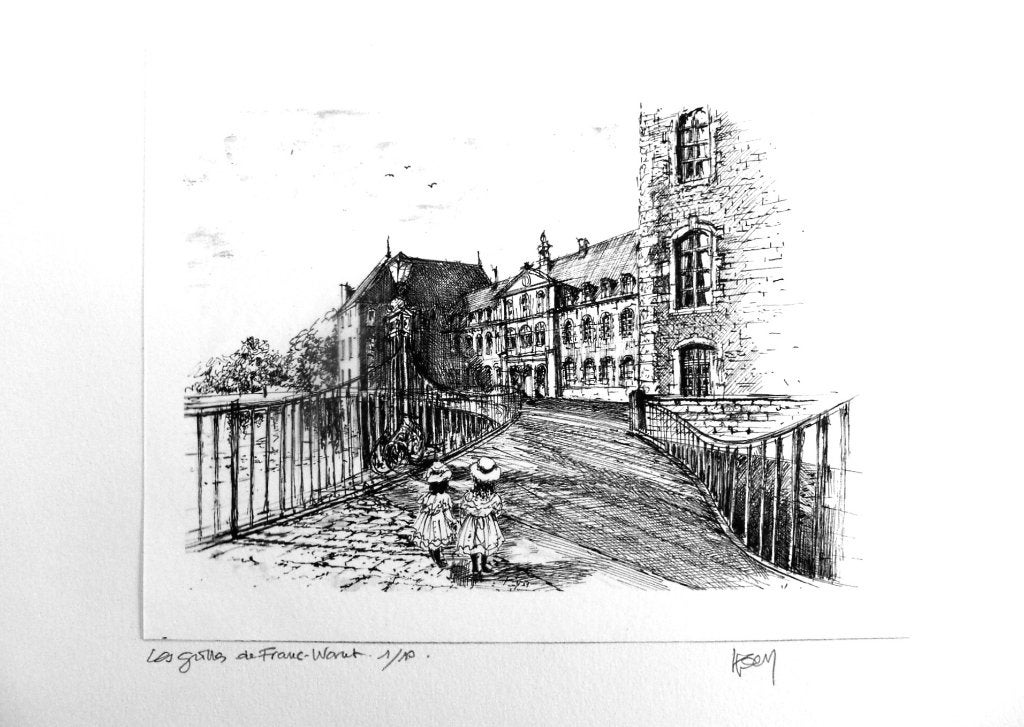 Tirage d'art "Les grilles de Franc-Waret"21x29cm, Antiquités & Art, Dessin, Paysage urbain / rural, Papier, Envoi