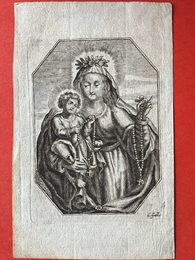 17e Santje Gravure Madonna en Kind sign C. Galle, Verzamelen, Religie, Ophalen of Verzenden, Gebruikt, Kaart of Prent, Christendom | Katholiek