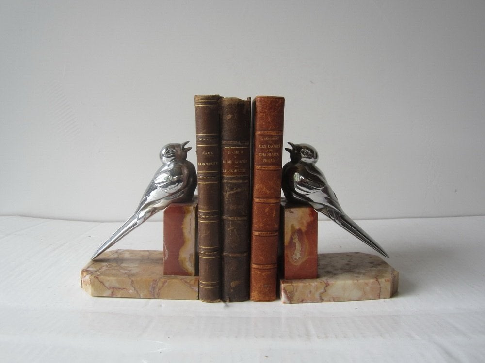 Antieke art deco boekensteunen vogels, op marmer, Antiek en Kunst, Verzenden