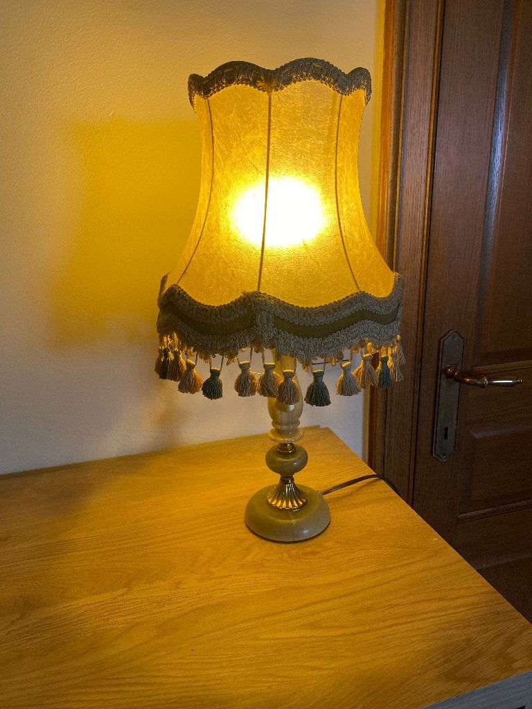 vintage tafellamp : marmer/messing voet en varkensblaas kap, Ophalen, Vintage, Groen, Sfeerlamp
