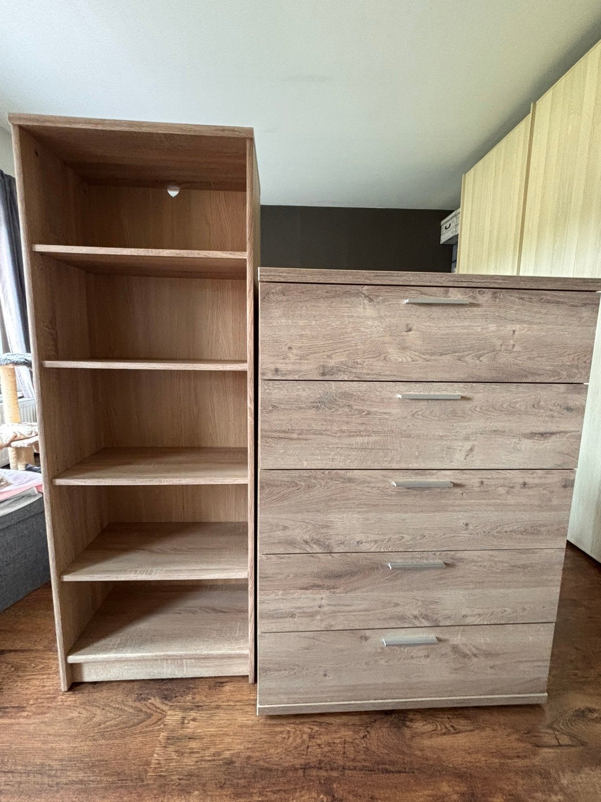 Set 5 ladenkast en boekenkast, Huis en Inrichting, Kasten | Ladekasten, Ophalen, Zo goed als nieuw, Lichte eikenlook