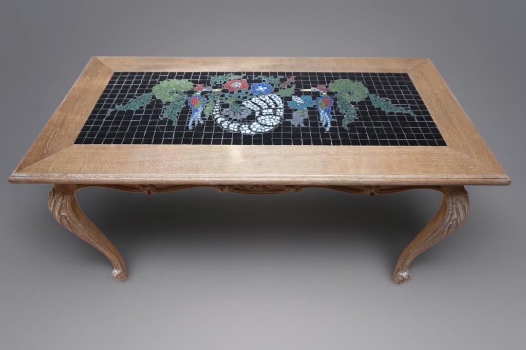 Vintage salontafel met ingelegd mozaïek, Enlèvement, Utilisé, Chêne