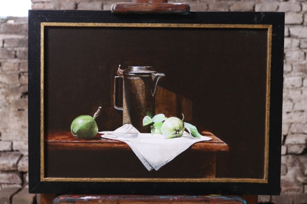 Stilleven tinnen kan en appeltjes – Marjolein van den Berg, Antiquités & Art, Textile, Signé, Peinture acrylique, Enlèvement