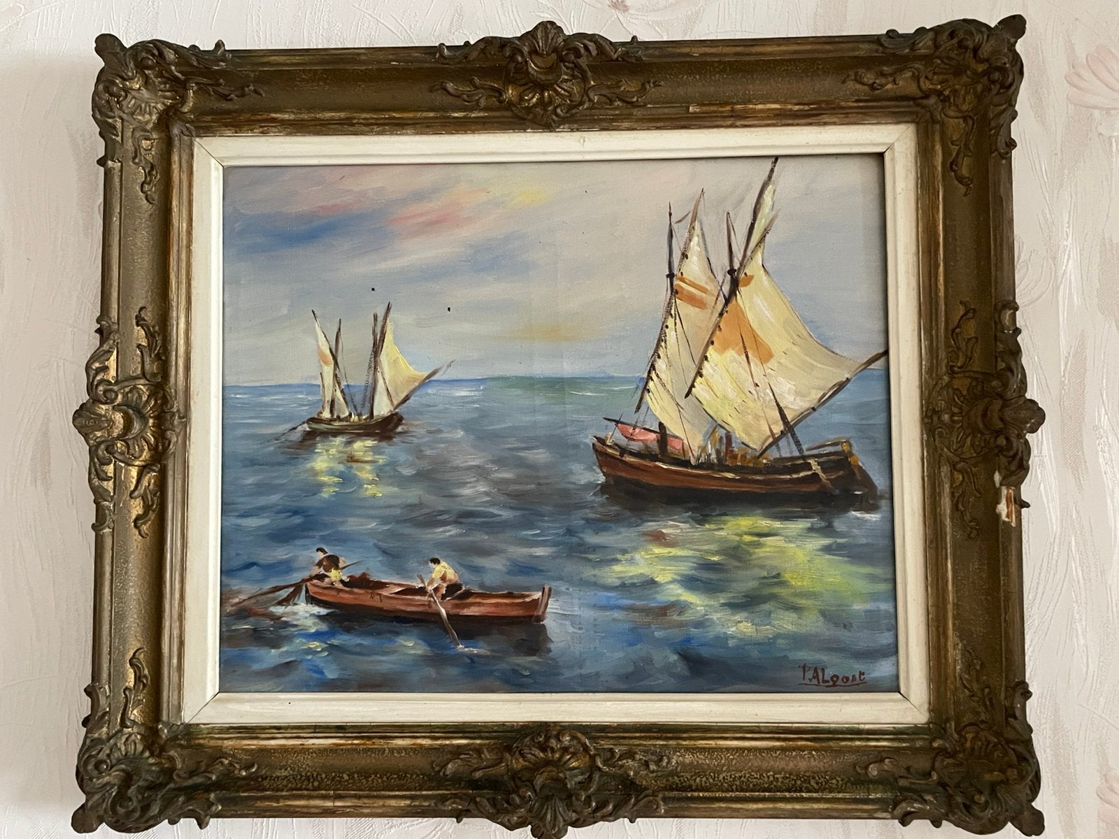Uniek Paar Zeegezichten Olieverf op Doek – P. Algoet, Antiek en Kunst, Kunst | Schilderijen | Klassiek, Ophalen, Doek, Olieverf