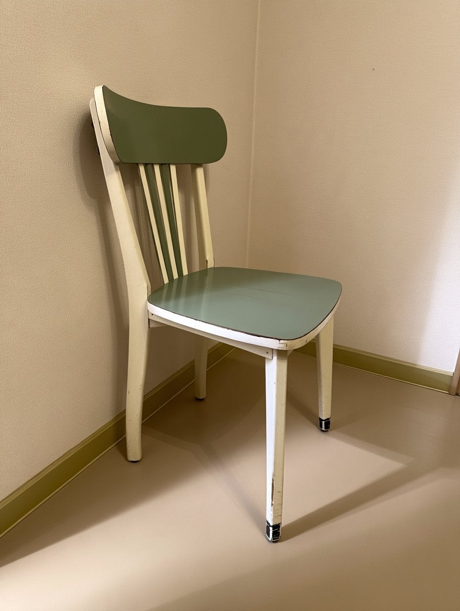 Chaise vintage formica vert sauge et blanc – années 50/60, Maison & Meubles, Comme neuf, Deux, Enlèvement, Bois