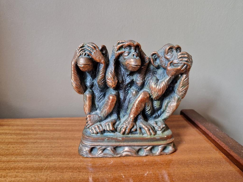 Bronzen Drie Wijze Apen op een voetbeeld, Antiek en Kunst, Ophalen of Verzenden