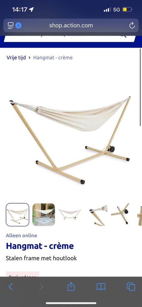 Hangmat met standaard Beige - Crème - Houtlook - Action, Jardin & Terrasse, Enlèvement, Utilisé, Avec support