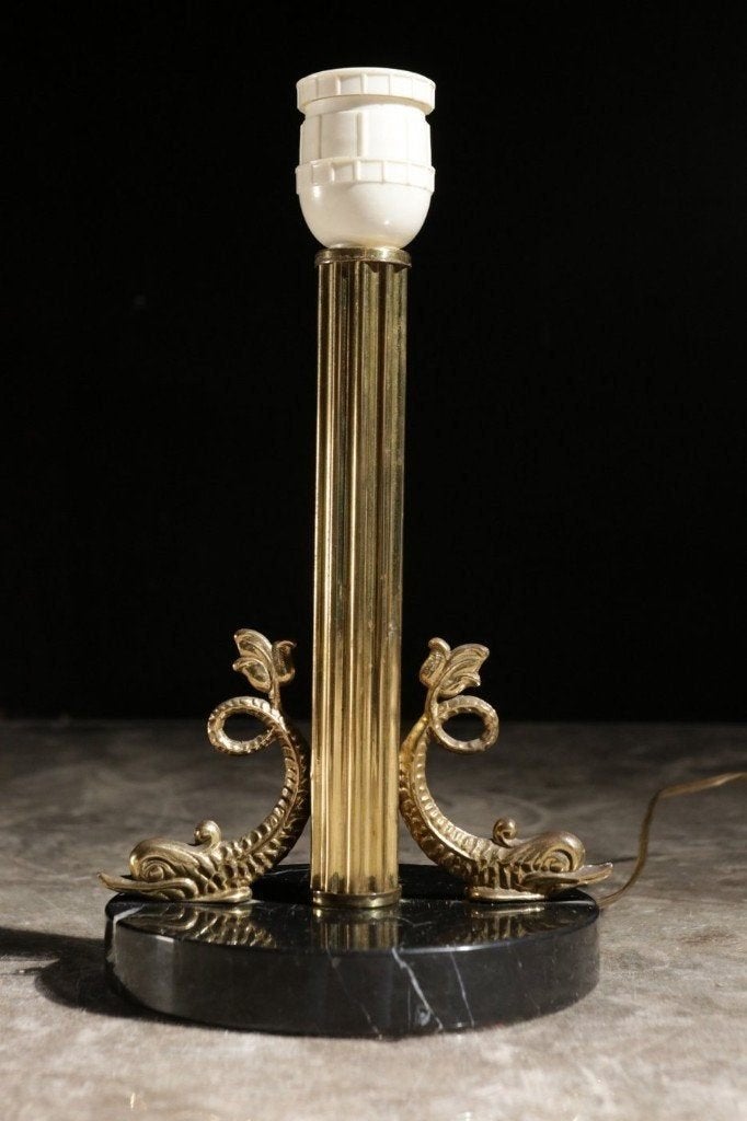 Midcentury Franse Vislamp Messing Zwart Marmer 1950s, Ophalen