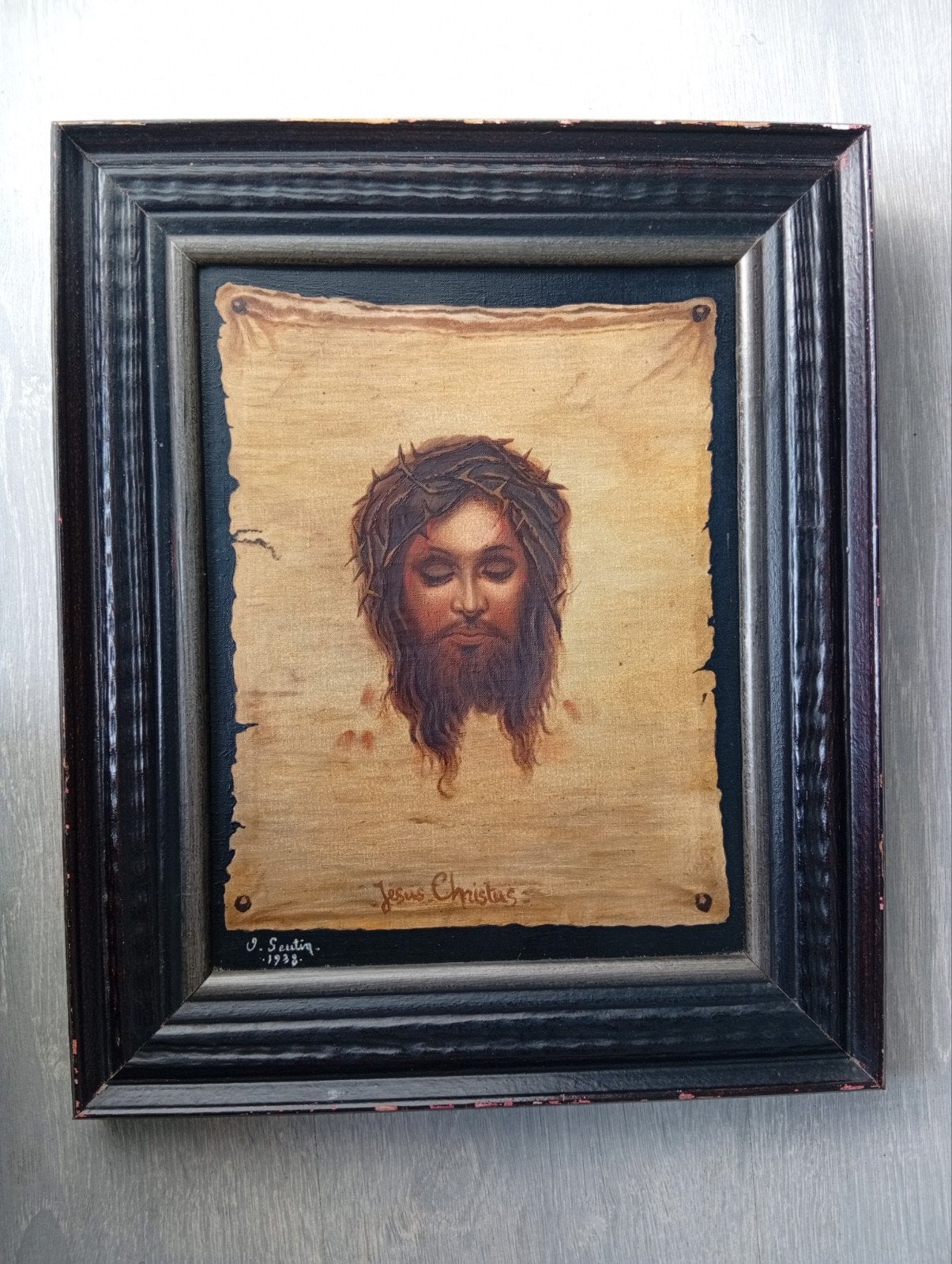 Tableau ancien "Jésus Christus" 1938 – Art religieux & Vinta, Portrait ou Personnes, Enlèvement ou Envoi, Peinture acrylique, Encadré