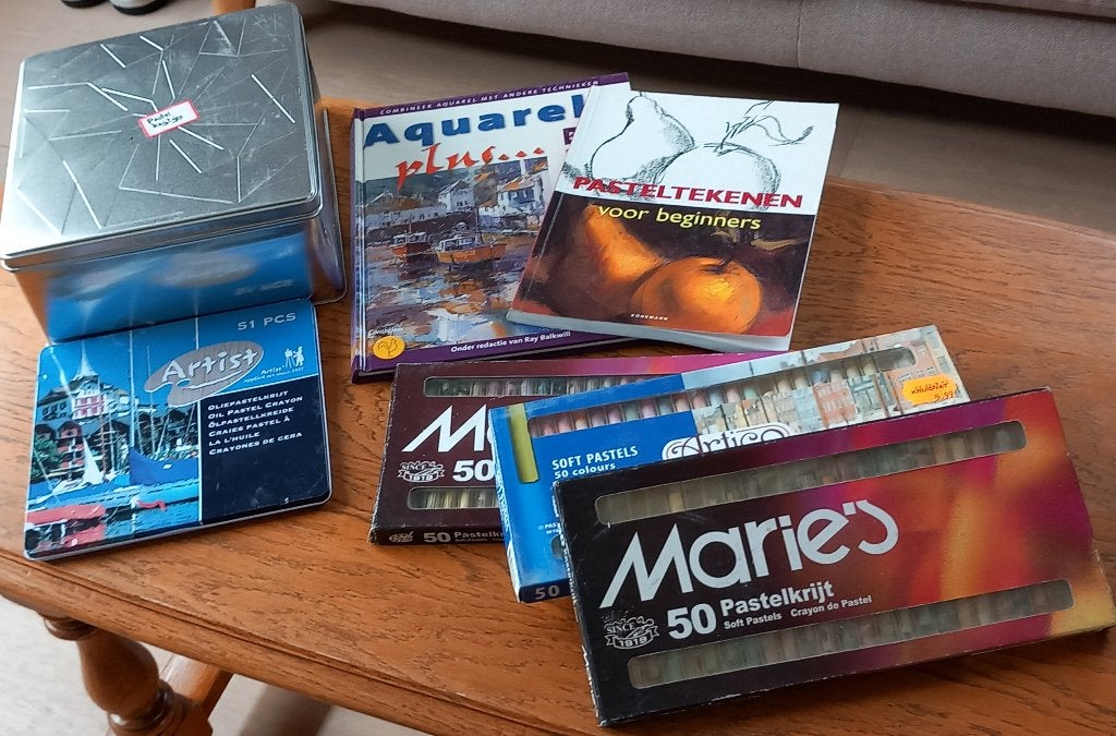 beginnerspakket pastelkrijtjes, oliepastelkrijt, 2 boeken, Ophalen, Gebruikt, Overige typen
